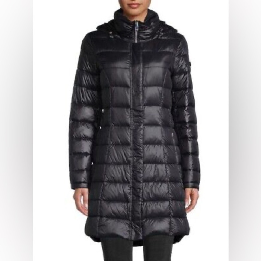 Calvin Klein Coat Women's Hooded Packable Shine Puffer Nylon Black Size small
